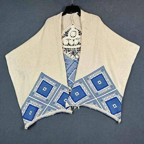 Mia Maddison Cardigan Sweater Shawl Poncho Rayon BeigeDiamond Geometric Fringe O - Picture 9 of 16
